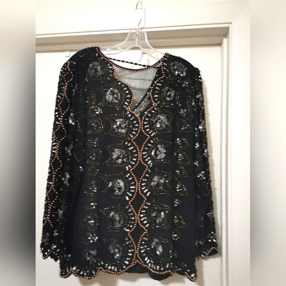 Oleg Cassini Vintage Beaded Sequined Silk Blouse - Picture 1 of 5